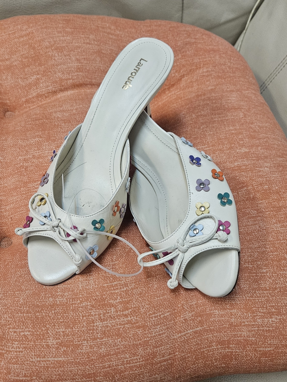 Larroude White Open-Toe Mules with Multicolor Floral Studs
